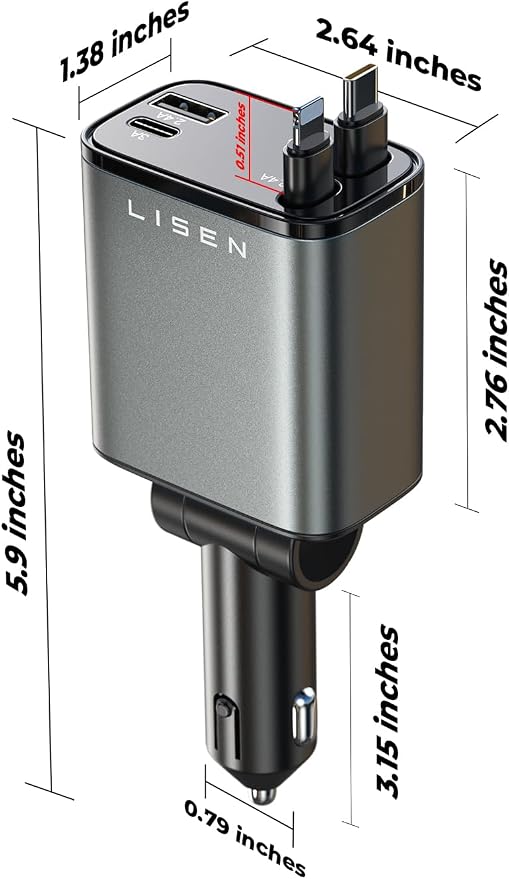 LISEN Retractable Car Charger, [2026 Upgrade 47.24 inch ] Long 4 in 1 Retractable Cable Car Charger, USB C Car Charger Fast Charging for iPhone 17 16 15 14 13 12 11 X Pro Max Plus Mini, Samsung S26