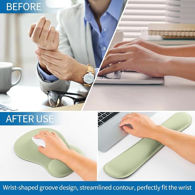 RICHEN Wrist Rest Support for Mouse Pad&Keyboard Set with Coaster,Concave Curved Memory Foam, Non-Slip Base Pain Relief Comfortable Easy Typing Pad for Home/Office (Sage Green)