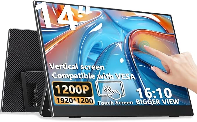 14" Touchscreen Portable Monitor, 16:10 1920×1200 IPS HDR Vertical Monitor, VESA Compatible USB-C Second Screen for Laptop Mac Pc Android (No Touch for iPhone/iPad/Consoles)
