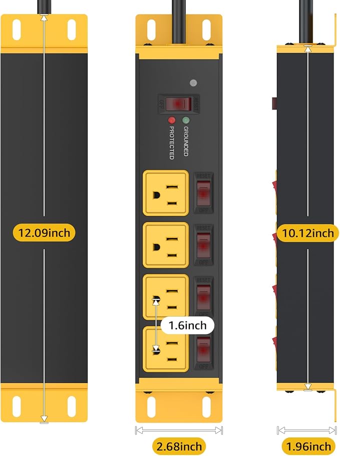 CCCEI Heavy Duty Surge Protector Power Strip 20 Amp Individual Switches. 12FT 12 Gauge Extension Cord with Multiple Outlets. Kitchen, Garage, Shop, Industrial Wall Mount Electric Extender, Yellow.