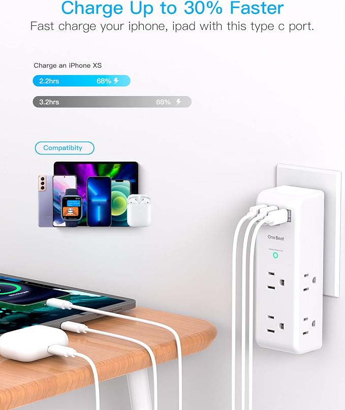 Surge Protector Outlet Extender with Rotating Plug, 6 AC Multi Plug Outlet with 3 USB Ports (1 USB C Port), 1800J Wall Charger, 3-Sided Power Adapter Outlet Splitter for Home Office, White