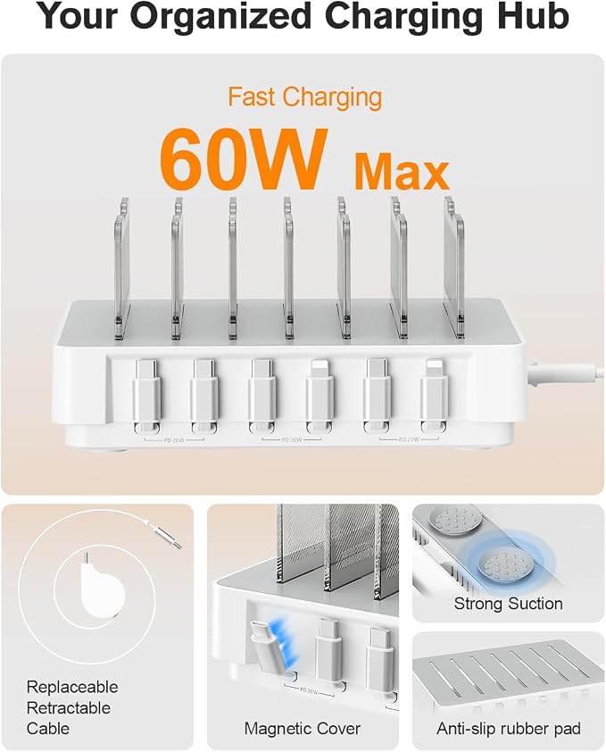 SooPii HomeHub H1 Charging Station for multiple devices,Upgraded 6-Port Desktop Fast Charger with 6 Retractable Cables（4*C+2*iP）,60W PD charger station for iPhone/Tablet,Tangle-Free Charging Organizer
