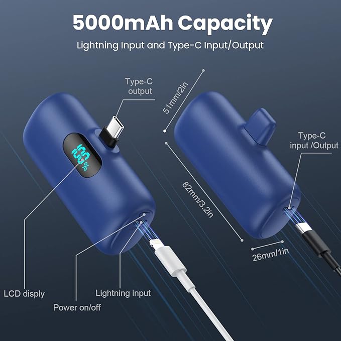 Feob Mini Portable Charger 5000mAh Power Bank,15W PD USB C Cell Phone Portable Power,LCD Display Battery Pack Compatible with iPhone 17/Air/17 Pro/17Pro Max/16/15 Android/Samsung/Moto(Type-C Only)