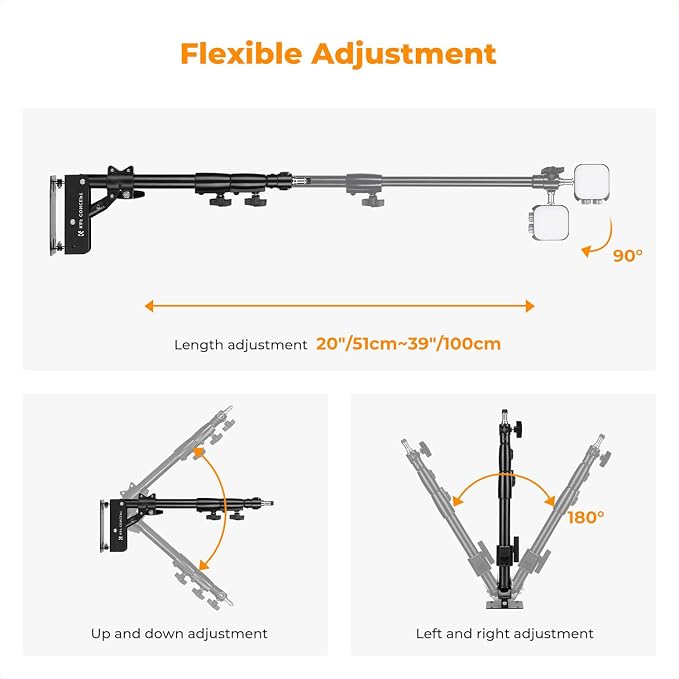 K&F CONCEPT Wall Mount Boom Arm 39.4"- Rotating Triangle Stand for Ring Light, Softbox, Reflector - Support 180°Flexible Rotation, 20-39in Adjustable Length, 20lbs Heavy Duty with 1/4''&3/8'' Mount
