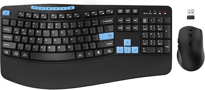 Wireless Keyboard and Mouse Combo, Ergonomic Keyboard with 6 Multimedia Keys, 2.4G Full Size Keyboard with Wrist Rest, 3-Level DPI Wireless Silent Mouse with 6-Buttons, for Windows (Blue Black)