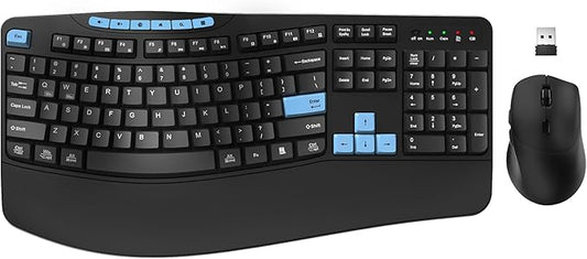 Wireless Keyboard and Mouse Combo, Ergonomic Keyboard with 6 Multimedia Keys, 2.4G Full Size Keyboard with Wrist Rest, 3-Level DPI Wireless Silent Mouse with 6-Buttons, for Windows (Blue Black)