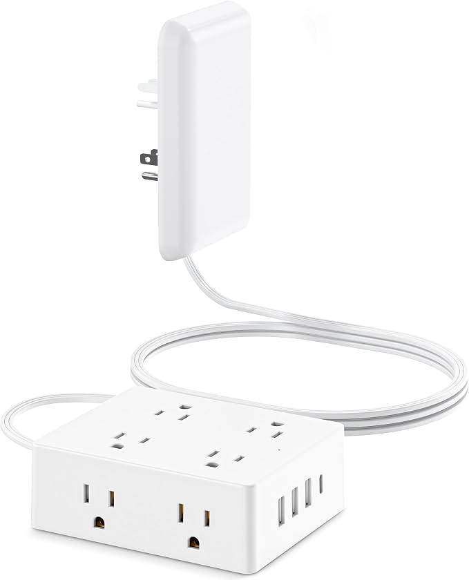 Flat Extension Cord with Outlet Cover, Olcorife Flat Plug Power Strip with 8 Outlets and 4 USB Ports, 2000 Joules Surge Protector, 3 FT Cord Hidden Outlet Extender for Tight Spaces