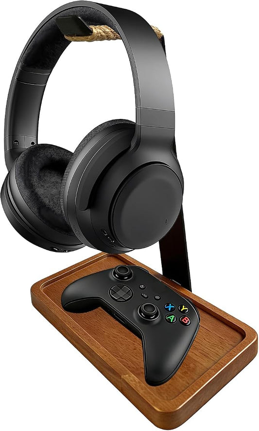 2-in-1 Solid Wood Headphone Stand Universal Headphones Holder with Storage Base Heavy Duty Solid Wood Gaming Headset Hanger for Study Rooms,Game Space,Desk,Office,Vintage Gift for Men(Rope Wrapped Top)