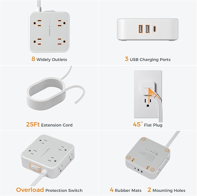 TESSAN Surge Protector Power Strip, 25 Ft Flat Plug Extension Cord with 3 USB (1 USB C) 8 Outlets, 1250W, 900J Protection, 3 Sided Outlet Extender with Power Switch for Office, Dorm Room, Grey