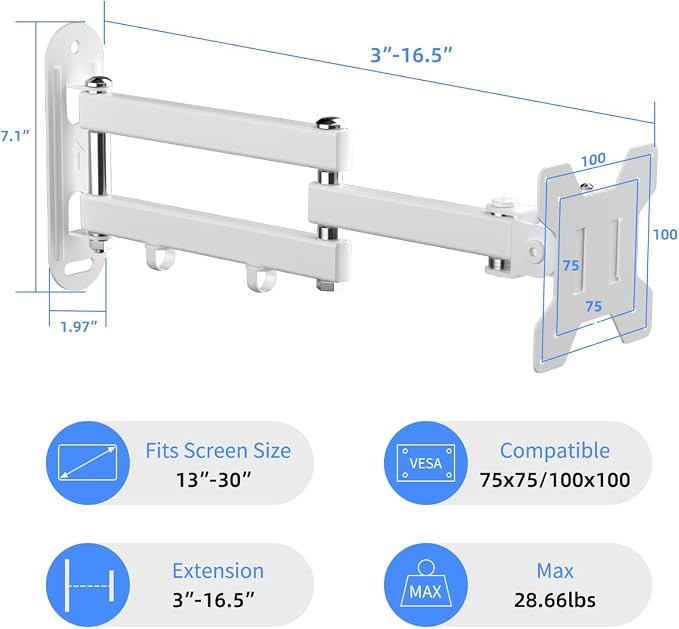 Suptek Full Motion TV Wall Mount Bracket for Most 13-30 inch TVs and Monitors, Flat and Curved TVs up to 28.66lbs, Tilt Swivel and 16.5 inch Extension, Max VESA 100x100mm, White, MA2776W