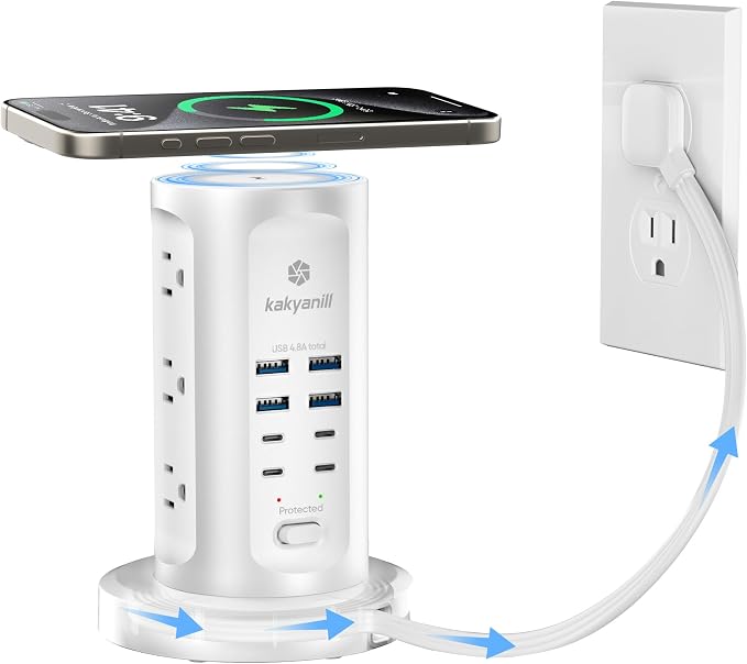 Kakyanill 30W USB Charging Station, Surge Protector Power Strip Tower, 9 AC Outlets with 8 USB Ports(4 USB-C), 6Ft Flat Plug Retractable Extension Cord, for Home Office Dorm, White