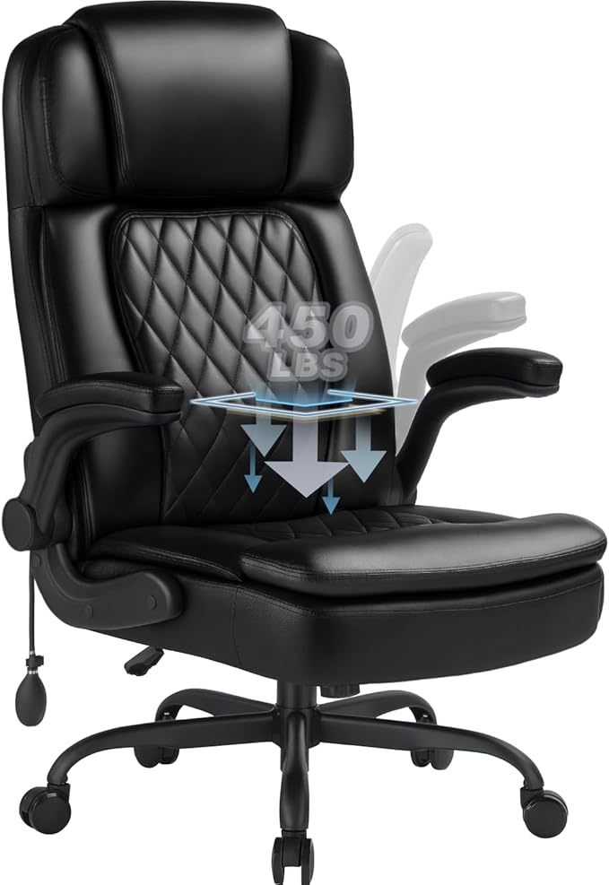 450lbs Executive Office Chair for Heavy People, Ergonomic Big and Tall Desk Chair with Adjustable Lumbar Support&Flip Up Armrest,High Back PU Leather Comfy Swivel Computer Chair