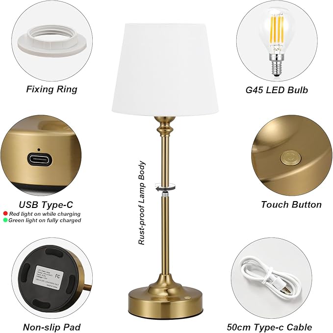 Kakanuo Cordless Table Lamps Rechargeable Set - 2 Pack Gold 4000mAH Battery Operated Lamps for Decor, 3000K Stepless Dimming Touch Wireless Lamp for Bedroom, Dining Table, Living Room, White Shade