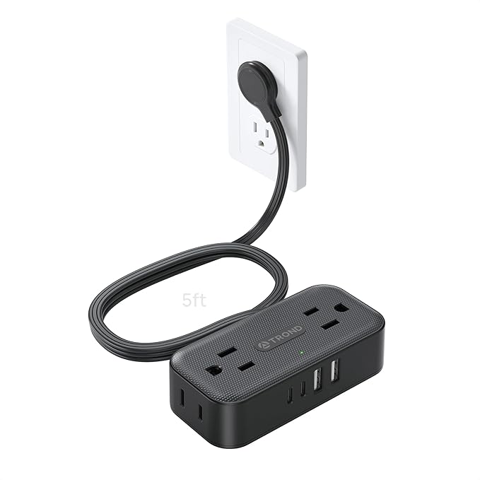 TROND Flat Plug Power Strip 5FT, Small Flat Extension Cord with Multiple Outlets, 4 AC and 4 USB Ports (2 USB C), Wall Mount 900J Surge Protector for Home Office Travel Dorm Room Essentials, Black