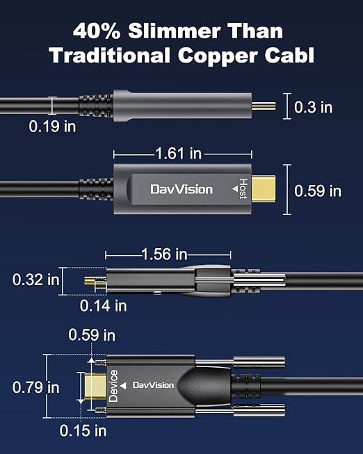 USB C Fiber Optic Cable with Side Screw Lock 50 FT, 10Gbps USB 3.2 Gen2 Active USB C Cable with German Chip,Ultra Slim & Long Distance for Industrial Camera,Machine Vision,Conference Camera