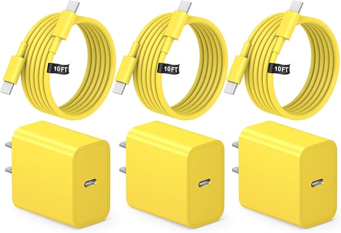 iPhone 17 16 15 Fast Charging 10FT Long USB C Charger Type C Charger 3 Pack Fast Charger USB C for iPhone 17/17 Plus/17 Pro/17 Pro Max/16/16 Plus/16 Pro/16 Pro Max/15 Pro Max,iPad Pro,Samsung(Yellow)