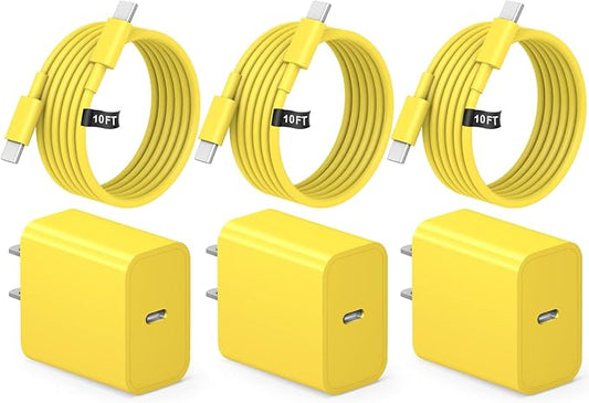 iPhone 17 16 15 Fast Charging 10FT Long USB C Charger Type C Charger 3 Pack Fast Charger USB C for iPhone 17/17 Plus/17 Pro/17 Pro Max/16/16 Plus/16 Pro/16 Pro Max/15 Pro Max,iPad Pro,Samsung(Yellow)