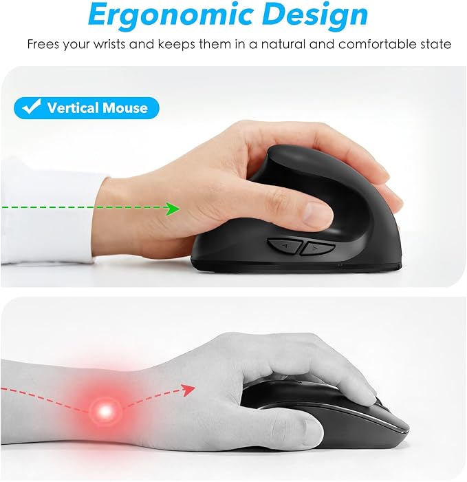 Left Handed Ergonomic Mouse Jiggler,Vertical Wireless & Rechargeable,2.4G USB Carpal Tunnel Lefty Mice with Undetectable Random Movement Keeps PC Laptop Awake-Black