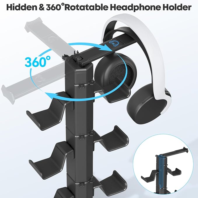 Gaming Controller & Headset Holder Stand for Desk, with Charger Cable Organizer Headphone Stand for PS5/ Xbox/ PS4/ Switch, Metal Base Controller Hook for Storage with 360° Rotatable Hanger- 6 Tiers