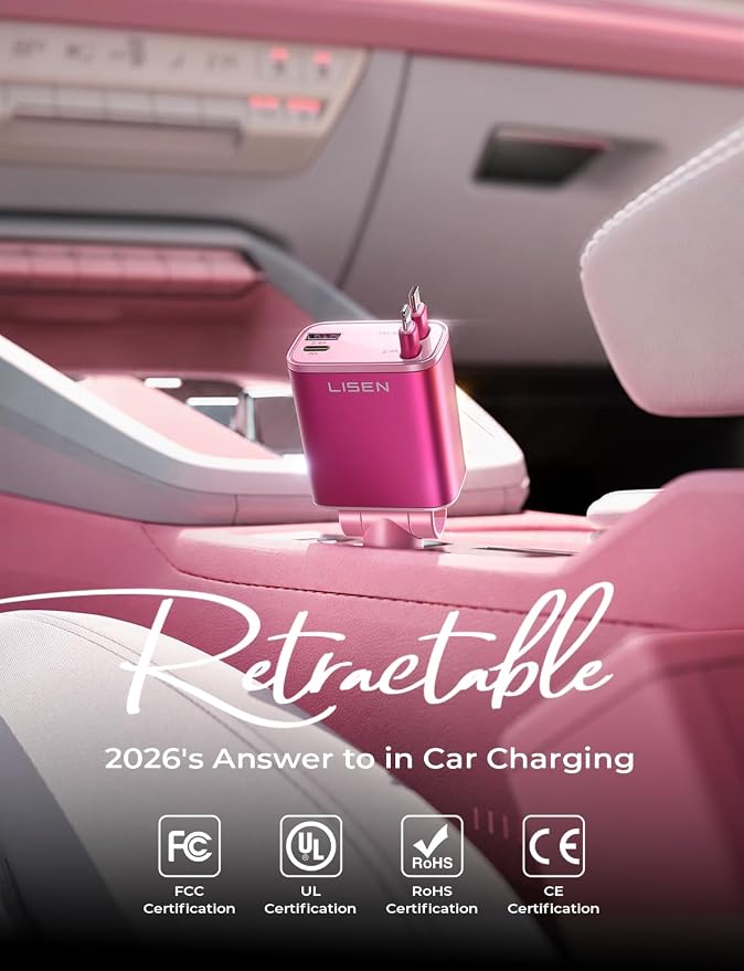 LISEN Retractable Car Charger, 84W Fast Charging Car Phone Charger, Car Charger USB C Truck Accessories, Road Trip Essentials Pink Car Acessories for Men Women for iPhone 17 16 15 14 13 12 Samsung S26