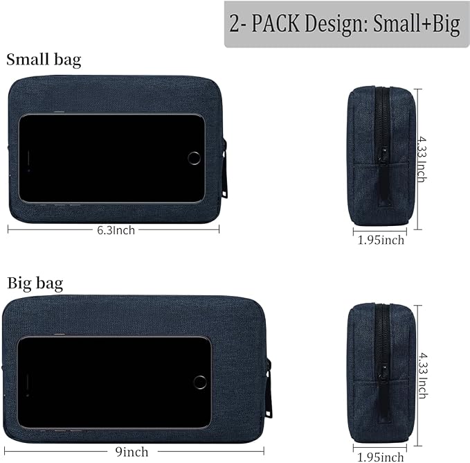 CAAORDKSO Electronic Organizer Accessory Pouch, Travel Electronic Accessories Storage Case Cable Organizer Bag for MacBook Charger, Power Bank, Hard Drive, Cords, Laptop Mouse (Small+Big, Navy Blue)