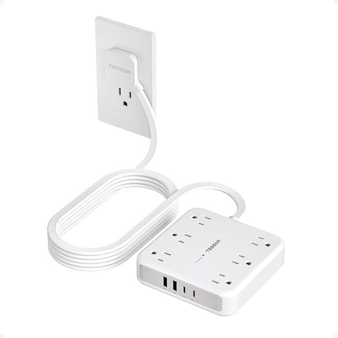 TESSAN 10Ft Grey Extension Cord with Multiple Outlets, Surge Protector Power Strip with 6 Outlets and 4 USB Ports (2 USB C), 2100 Joules Protection, Flat Plug, Outlet Extender for Home, Office, Dorm