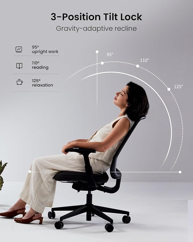 ProtoArc Ergonomic Office Chair – Flexer Mesh Couputer Chair for Women, Foam Sliding Seat, 125° Recline, Home Desk Chairs for Small Spaces, Stylish & Comfortable – Black