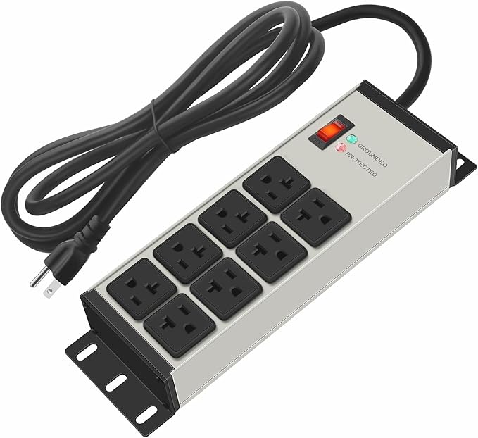 CCCEI Heavy Duty Power Strip Surge Protector 20 AMP Switch, 12 Gauge Extension Cord with Multiple Outlets, Industrial, Shop, Garage High Amp Wall Mount Electric Extender. 10FT, Grey.