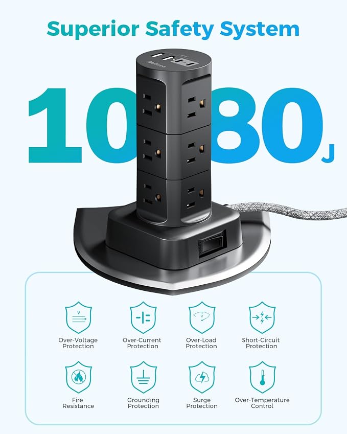 Charging Station Tower, Power Strips with Surge Protection, Flat Plug, 12 Outlets 4 USB Ports, 1875W/15A 1080J 6Ft Extension Cord with Multiple Outlets, Office Desk Supplies, Dorm Essentials, Black