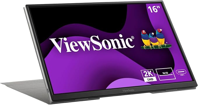 ViewSonic VG1656-2K 16 Inch 1600p Portable Monitor, WQXGA IPS for Improved Workflows and Second Screen Productivity, Built-in Stand, 65W USB-C, mini HDMI, and Smart Cover Inputs