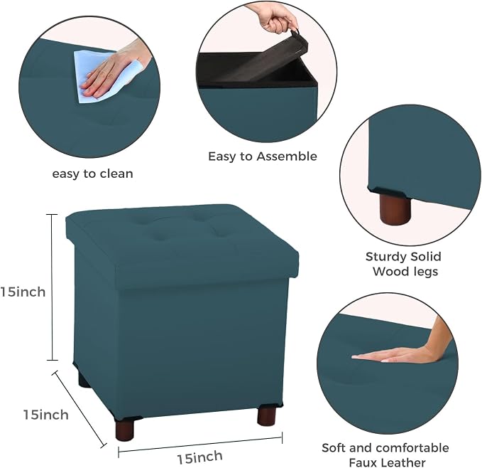 Dorriss Storage Ottoman, Ottoman with Storage for Living Room Ottoman Square Tray Bedroom Cube Foot Rest Stool with Legs Small Ottomans Coffee Table Lid Foldable Footstool Faxu Leather 15"