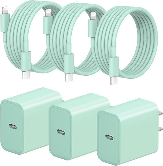 iPhone Fast Charger 3+3Pack 20W USB C Wall Charger with 6FT Fast Charging Cable Compatible with iPhone 14/13/12/11/Pro/Pro Max-Green