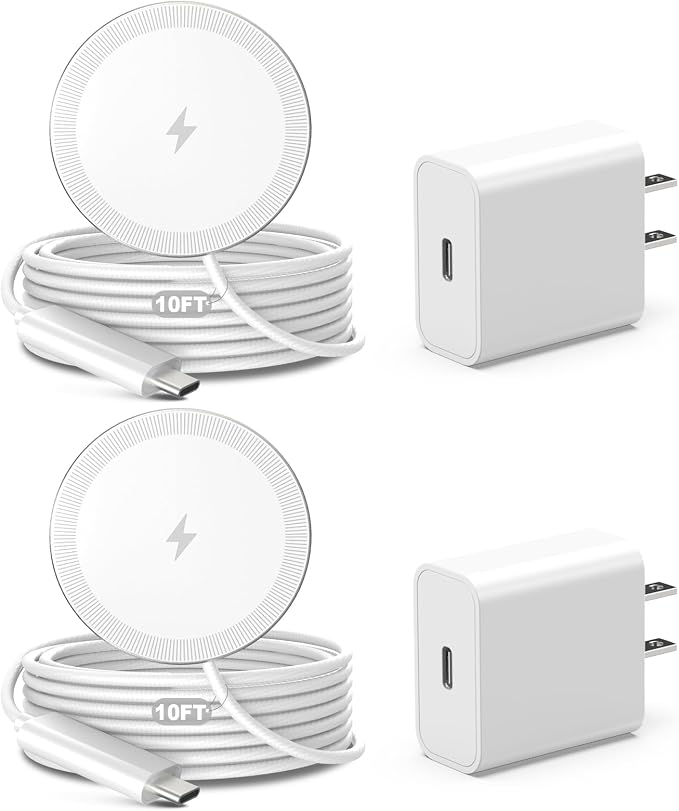 10FT Magnetic Wireless Charger Charging Pad - 15W Qi Fast Phone Charger Puck for Apple iPhone 17 16 15 14 13 12 Series & AirPods 4 3 2 Pro, Phone Charging Pad with Plug for Desk & Travel, 2Pack White