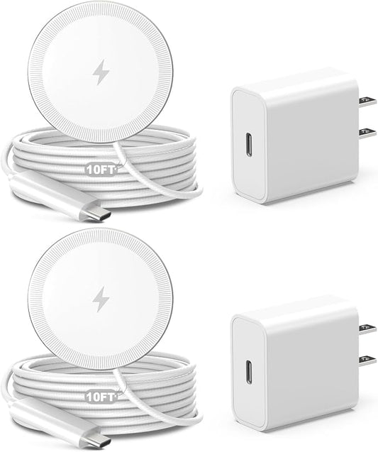 10FT Magnetic Wireless Charger Charging Pad - 15W Qi Fast Phone Charger Puck for Apple iPhone 17 16 15 14 13 12 Series & AirPods 4 3 2 Pro, Phone Charging Pad with Plug for Desk & Travel, 2Pack White
