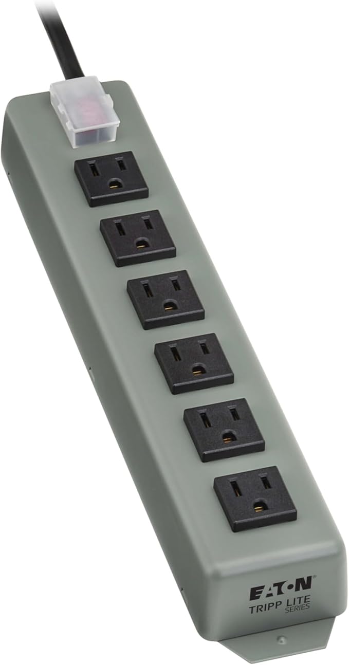 Eaton Tripp Lite Series 6-Outlet Heavy Duty Power Strip, Metal, Mountable (Wall Mount & Under Desk), 6ft Extension Cord, On/Off Switch Cover, Industrial Garage Shop Work Bench Applications (6SP)