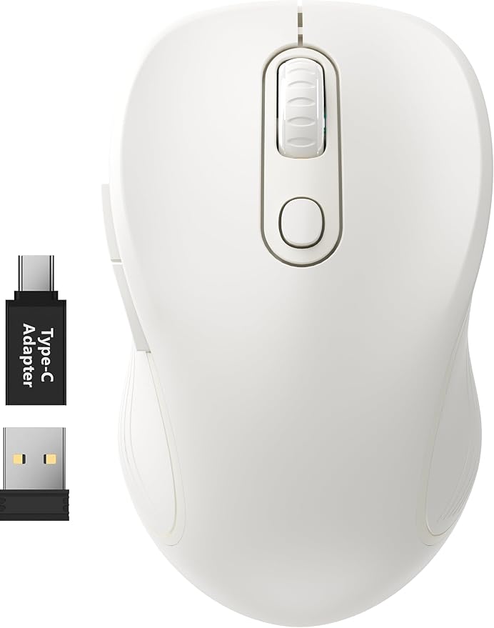 WisFox 2.4G Wireless Mouse for Laptop, Ergonomic Computer Mouse with USB Receiver and Type-C Adapter, 3 Adjustable Levels DPI, 6 Button Cordless Wireless Mice (Pure White)