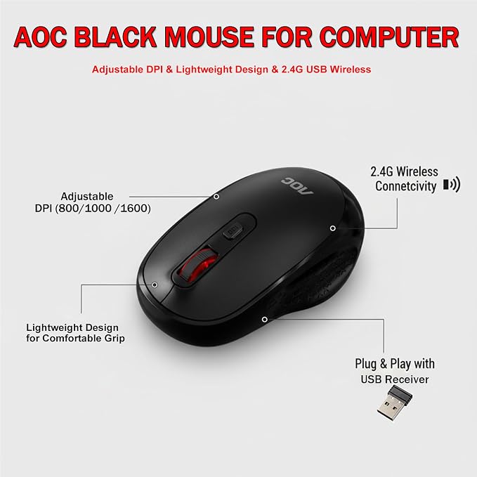 AOC Wireless Mouse, 2.4G Optical Mice with Nano Receiver, Portable Design with Textured Grip, 1600 DPI Adjustable Cordless Mouse Compatible with Notebook, PC, Laptop Black MS400
