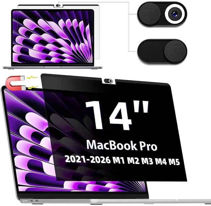 IPROKKO Magnetic Privacy Screen for MacBook Pro 14 Inch (2021-2026, M1, M2, M3, M4, M5, Pro, Max), Removable Matte Anti Blue Light Glare Filter Private Spy Screen Cover Compatible with 14.2in Mac Laptop [2-in-1 Privacy Kit]