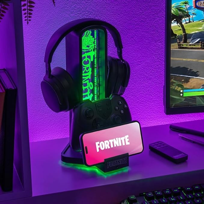 Paladone Fortnite 3-in-1 Headphone Stand and Tech Charging Station with Console Controller Cradle and 2 USB-C Ports, RGB Colour Changing Light Panel, Officially Licensed Gift for Gamers