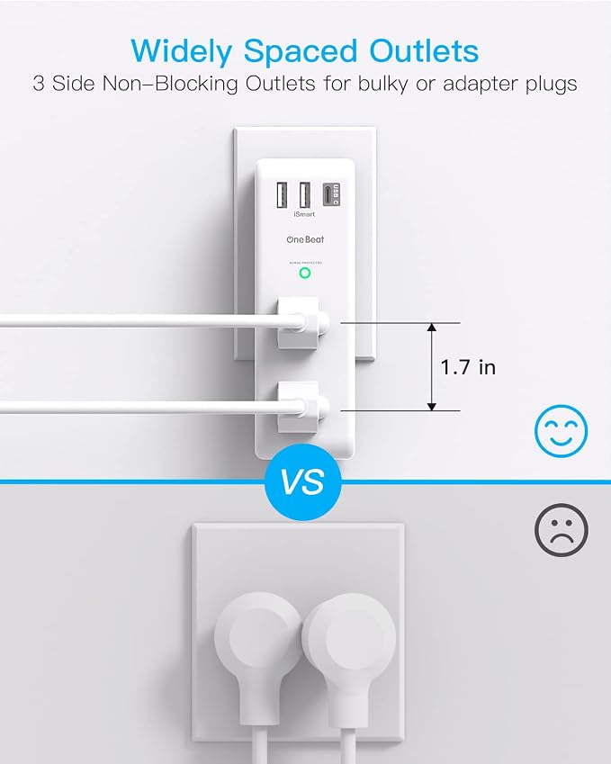 Surge Protector Outlet Extender with Rotating Plug, 6 AC Multi Plug Outlet with 3 USB Ports (1 USB C Port), 1800J Wall Charger, 3-Sided Power Adapter Outlet Splitter for Home Office, White