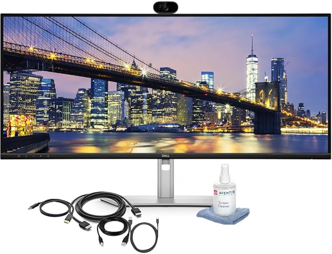 Dell P3426WEB Pro P 34″ UW-QHD (3440 x 1440) 100Hz LED Curved USB-C Hub Conferencing Monitor, Mount Compatible, Webcam, Speakers, Black, USB-C Cable, Cleaning Kit