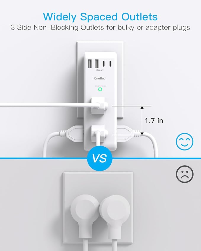 Surge Protector Outlet Extender with Rotating Plug, 6 AC Multi Plug Outlet with 4 USB Ports (3 USB C), 1800 J, 3-Sided Swivel Power Strip with Spaced Outlet Splitter for Dorm Office, White-2 Pack