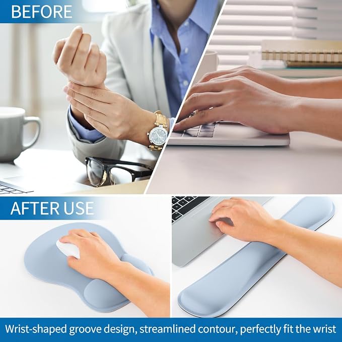 RICHEN Wrist Rest Support for Mouse Pad&Keyboard Set with Coaster,Concave Curved Memory Foam, Non-Slip Base Pain Relief Comfortable Easy Typing Pad for Home/Office (Light Blue)