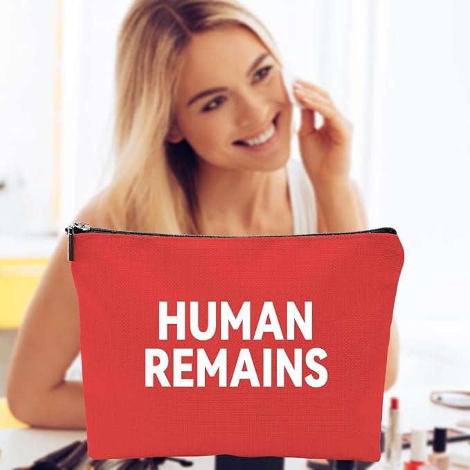 ZUYUROU Funny Human Remains Makeup Bag, Dark Humor True Crime Gifts for Women, Canvas Cosmetic Pouch for Travel and Purse Organization, Spooky Goth Novelty Zipper Pencil Case Red