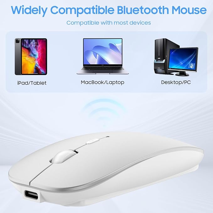 SUNGI Bluetooth Mouse for Laptop/MacBook/iPad/Android PC,Rechargable Quiet Slim Wireless Mouse Jiggler for Windows/Linux/Tablet,Silver