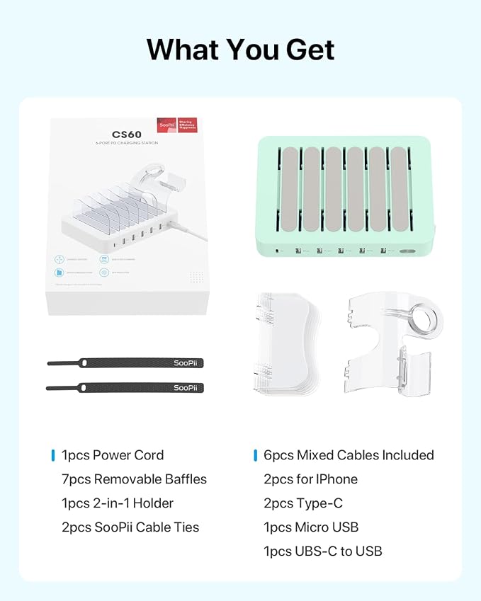 SooPii 60W/12A 6-Port Charging Station for Multiple Devices, PD 20W USB C Fast Charging for lPhone 14/13/12,6 Short Cables Included, 2 in 1 Holder,for Phones,Tablets and Others