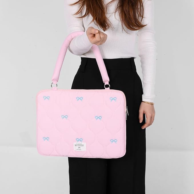 Cute Bow Laptop Case Coquette 13-15 Inch Puffy Laptop Sleeve Accessories Aesthetic Quilted Computer Bag for MacBook (Pink 1, 15-15.6)