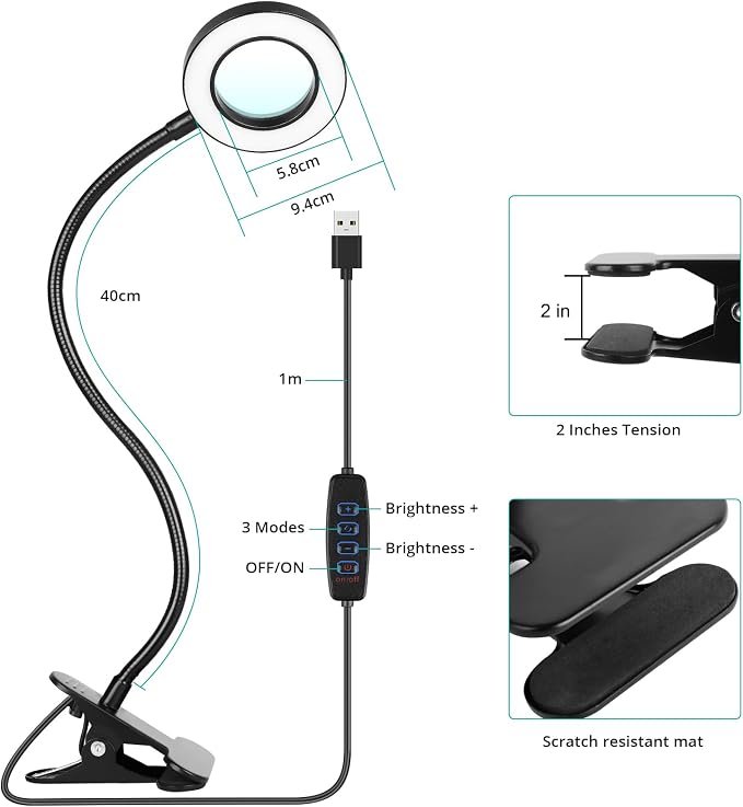 Woputne Desk Lamp with 5X Magnifying Glass,3 Color Modes 10 Brightness Levels,Reading Light Eye-Caring,Flexible Gooseneck Clip On Light with 5V/2A Adapter for Home Office Craft Close Work