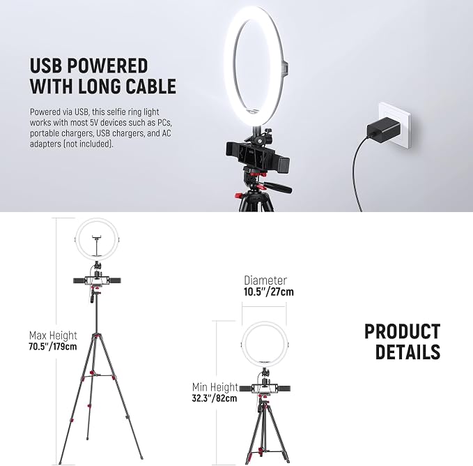 NEEWER Basics 10" Selfie Ring Light with Tripod Stand/3 Phone Holders Compatible with iPhone/3 Cold Shoes/Remote, LED Ringlight Lighting for YouTube TikTok Vlog Video Recording Makeup Streaming, R11