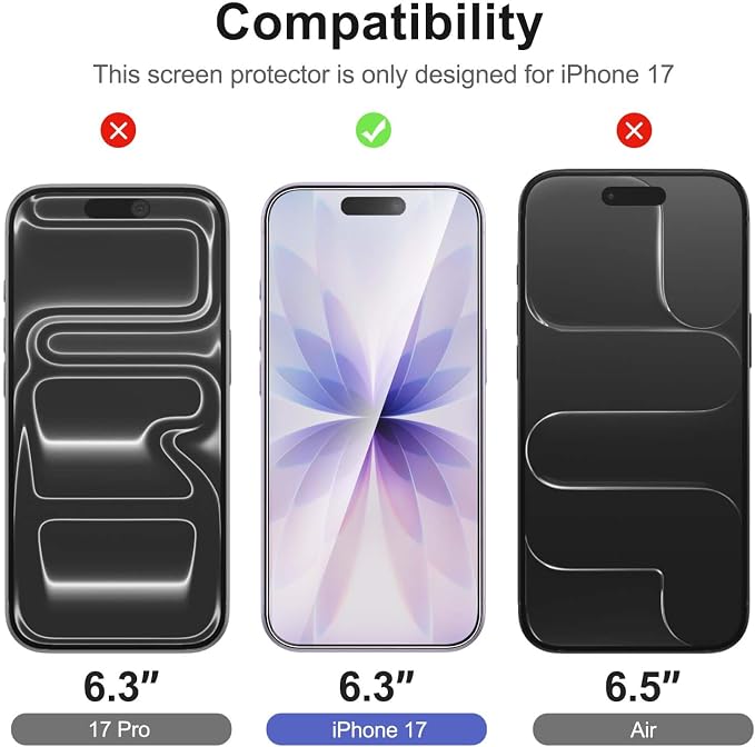 NEW'C 3x Screen Protector for iPhone 17 (6.3 inches)+ 3x Camera Lens Protector, Sensor Protection, Case Friendly Tempered Glass Film, Ultra Resistant, Easy installation tool include